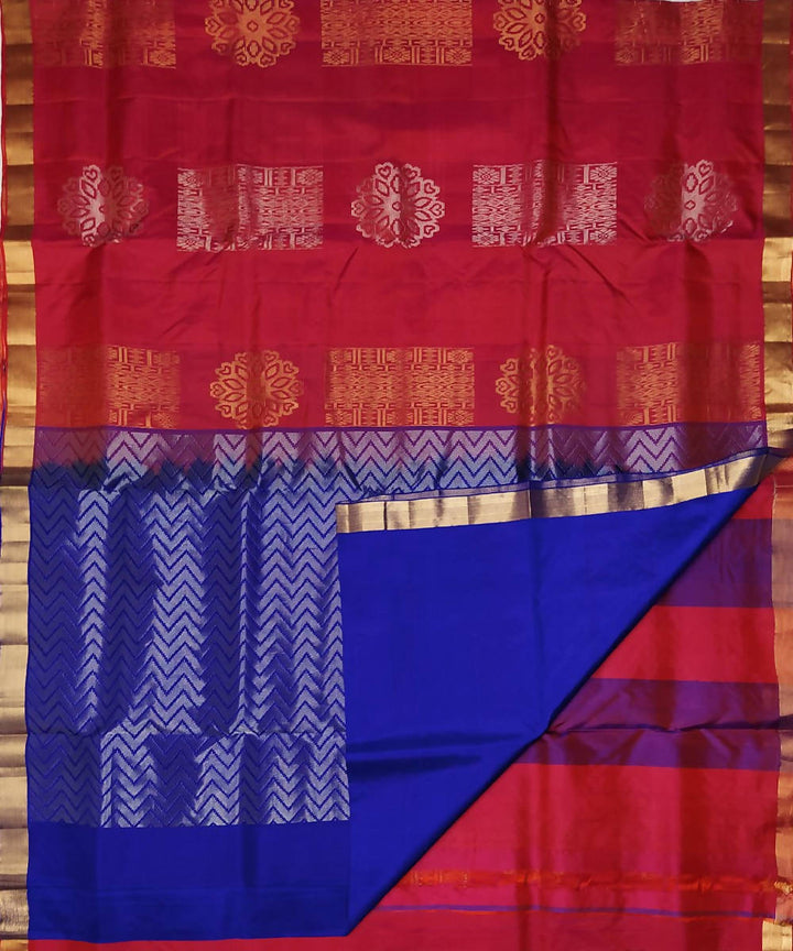 Red and blue handloom soft silk saree