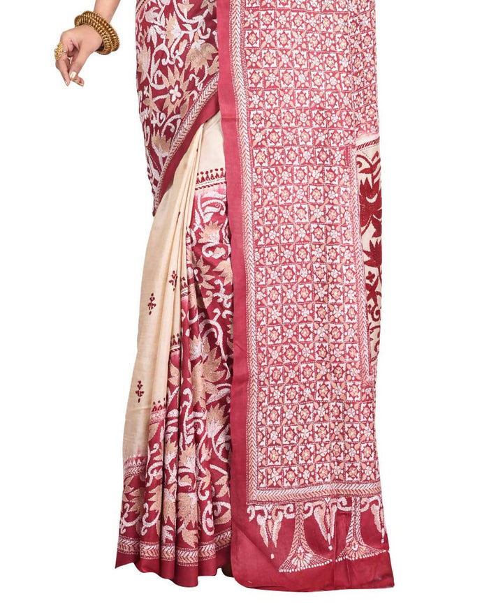 Maroon exclusive bengal tasar saree with hand embroidery work
