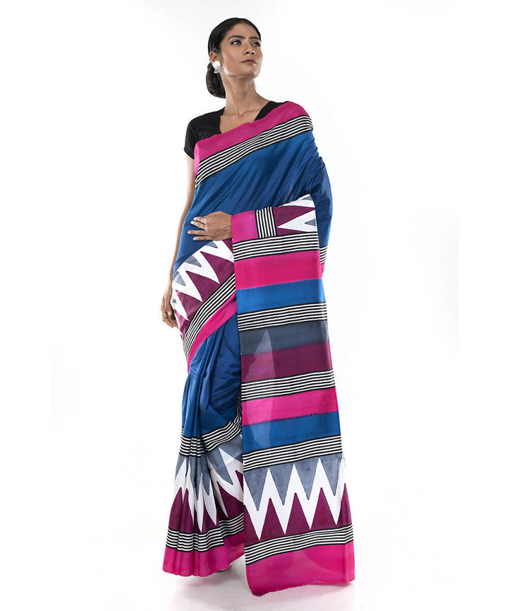 Navy and pink hand block print bengal silk saree