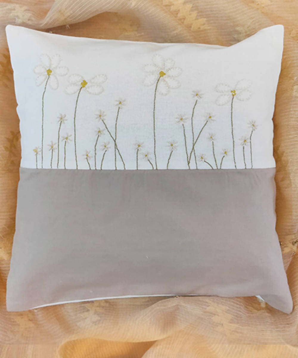 White grey hand embroidered cotton cushion cover