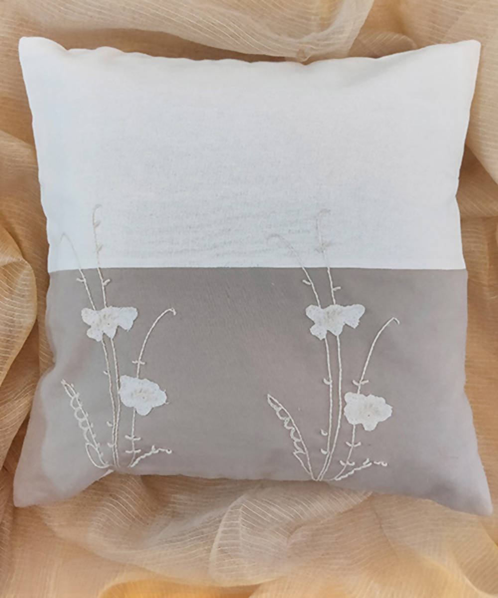 Hand embroidered grey white cotton cushion cover