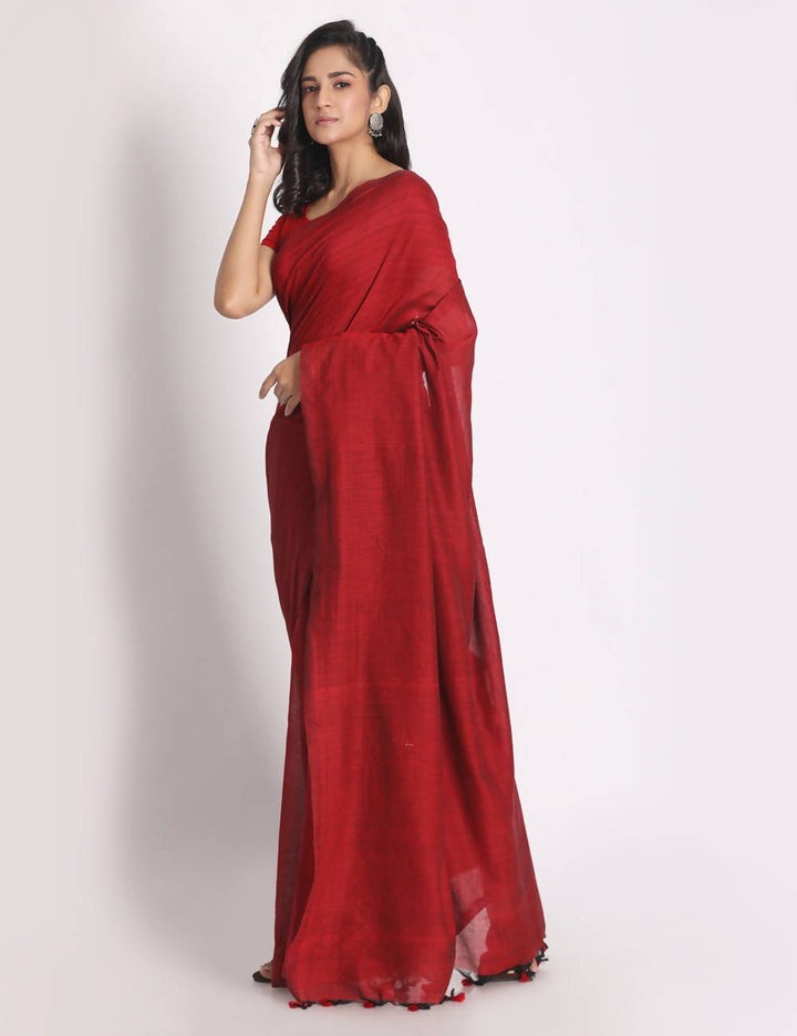 Red handspun handwoven cotton saree