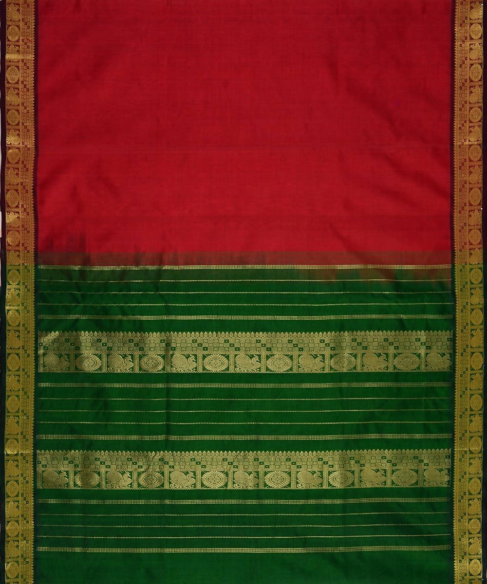 Red kanjivaram silk cotton saree with green border