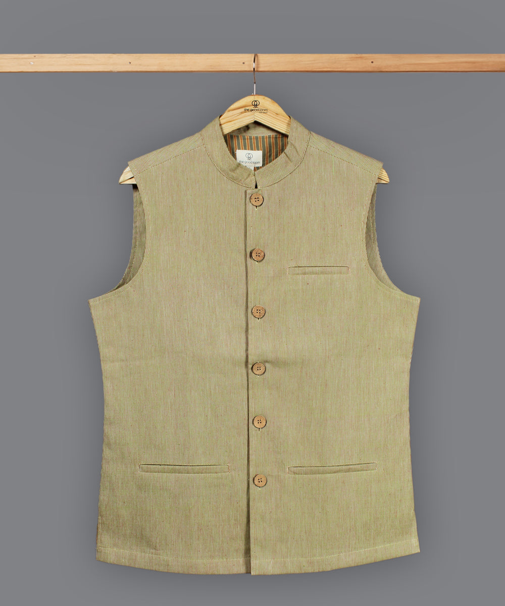 Beige red stripe cotton nehru jacket