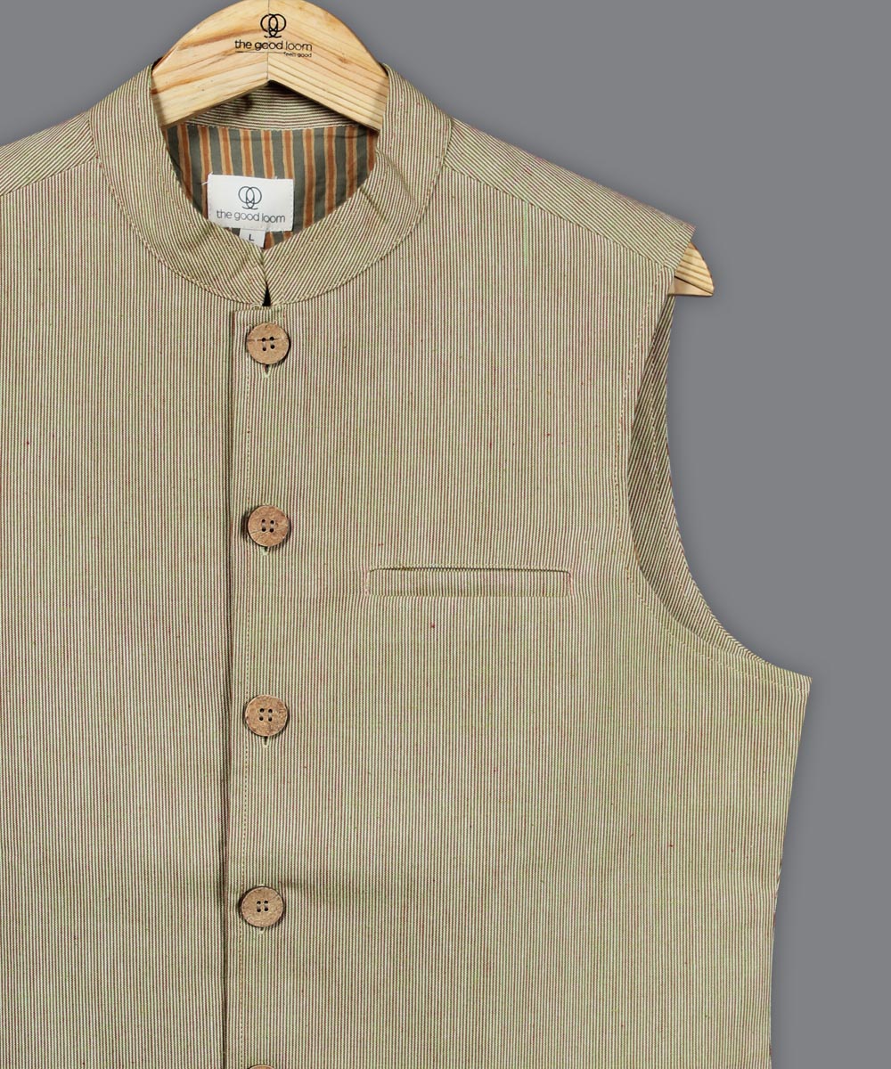 Beige red stripe cotton nehru jacket