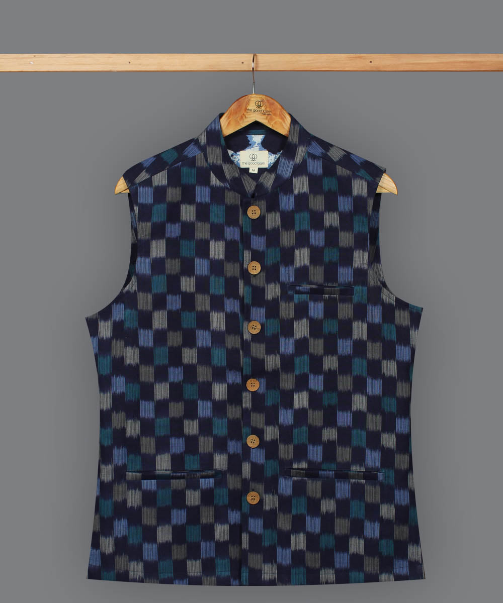 Navy blue pochampally ikat cotton nehru jacket