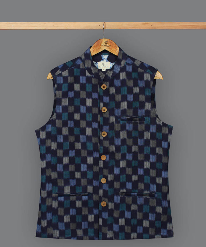 Navy blue pochampally ikat cotton nehru jacket