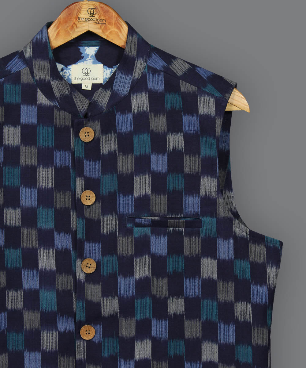 Navy blue pochampally ikat cotton nehru jacket
