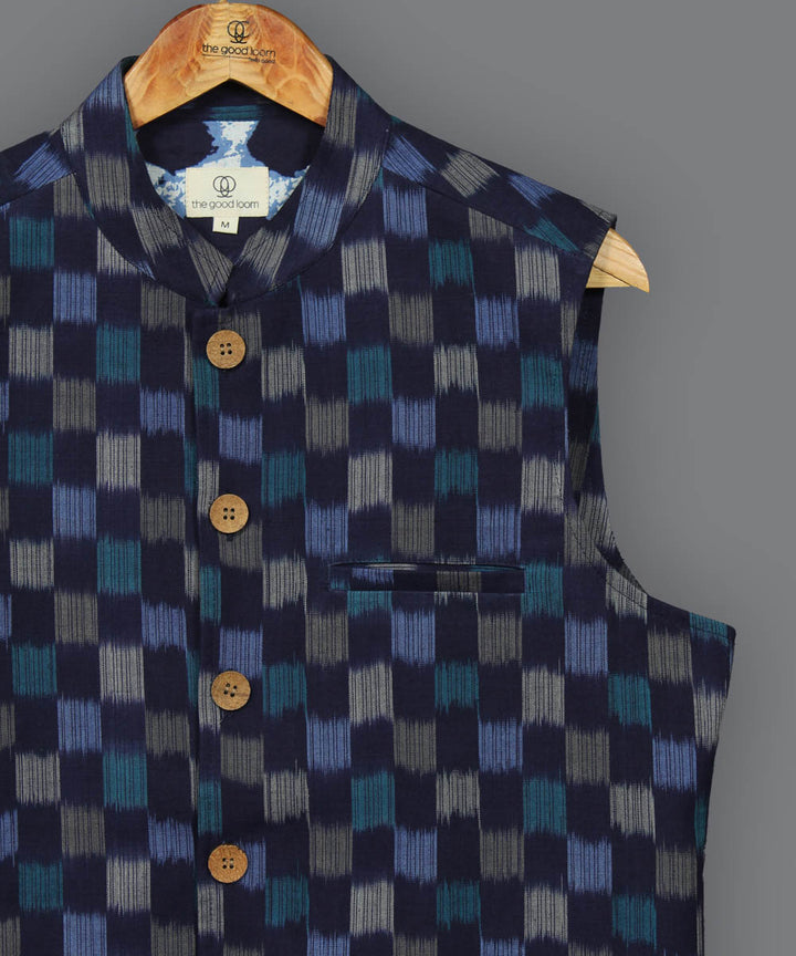 Navy blue pochampally ikat cotton nehru jacket
