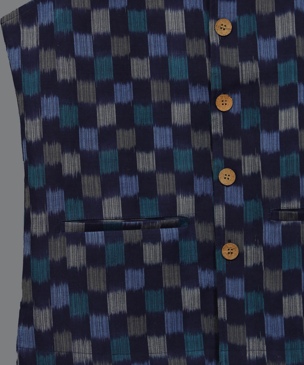 Navy blue pochampally ikat cotton nehru jacket
