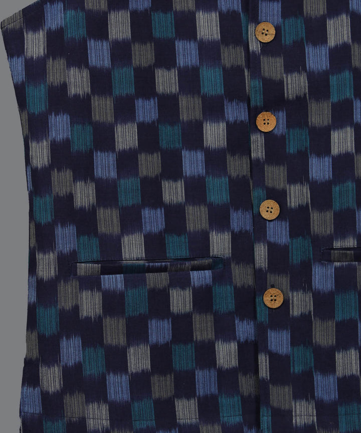 Navy blue pochampally ikat cotton nehru jacket