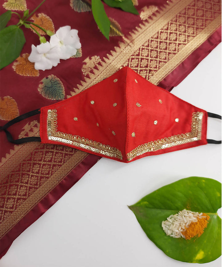 Red festive hand embroidery face mask