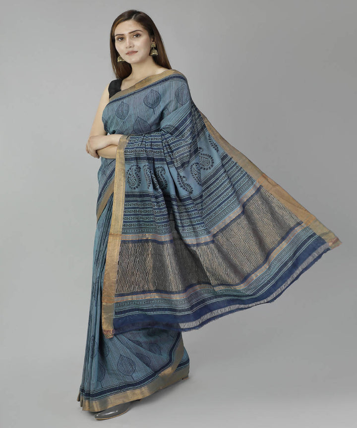 Blue grey bagru handblock printed cotton saree