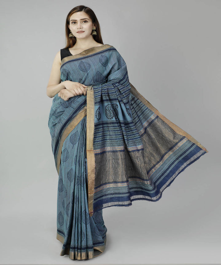 Blue grey bagru handblock printed cotton saree