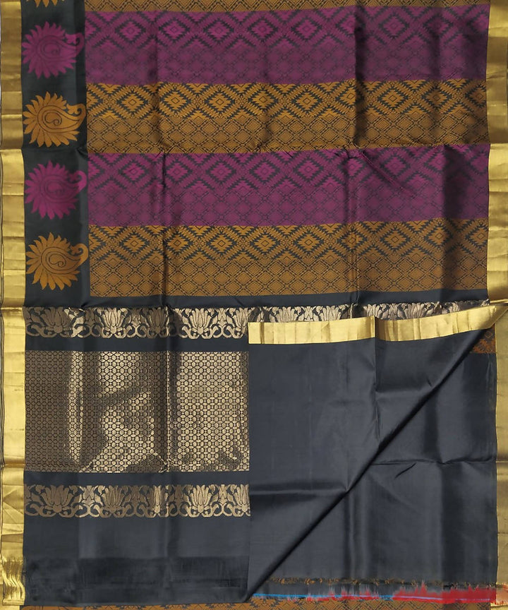 Black with purple and mustard handloom soft silk saree