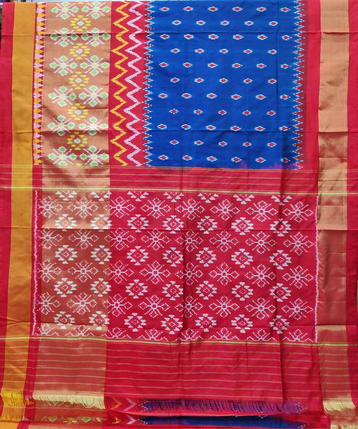 Bright navy blue red handloom silk pochampally ikat saree