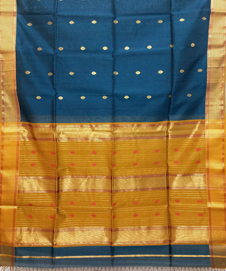 Dark cerulean blue golden handwoven cotton silk maheshwari saree