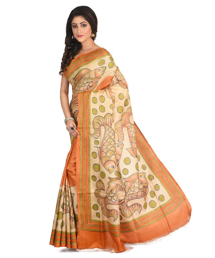 Orange exclusive bengal tasar saree with hand embroidery work