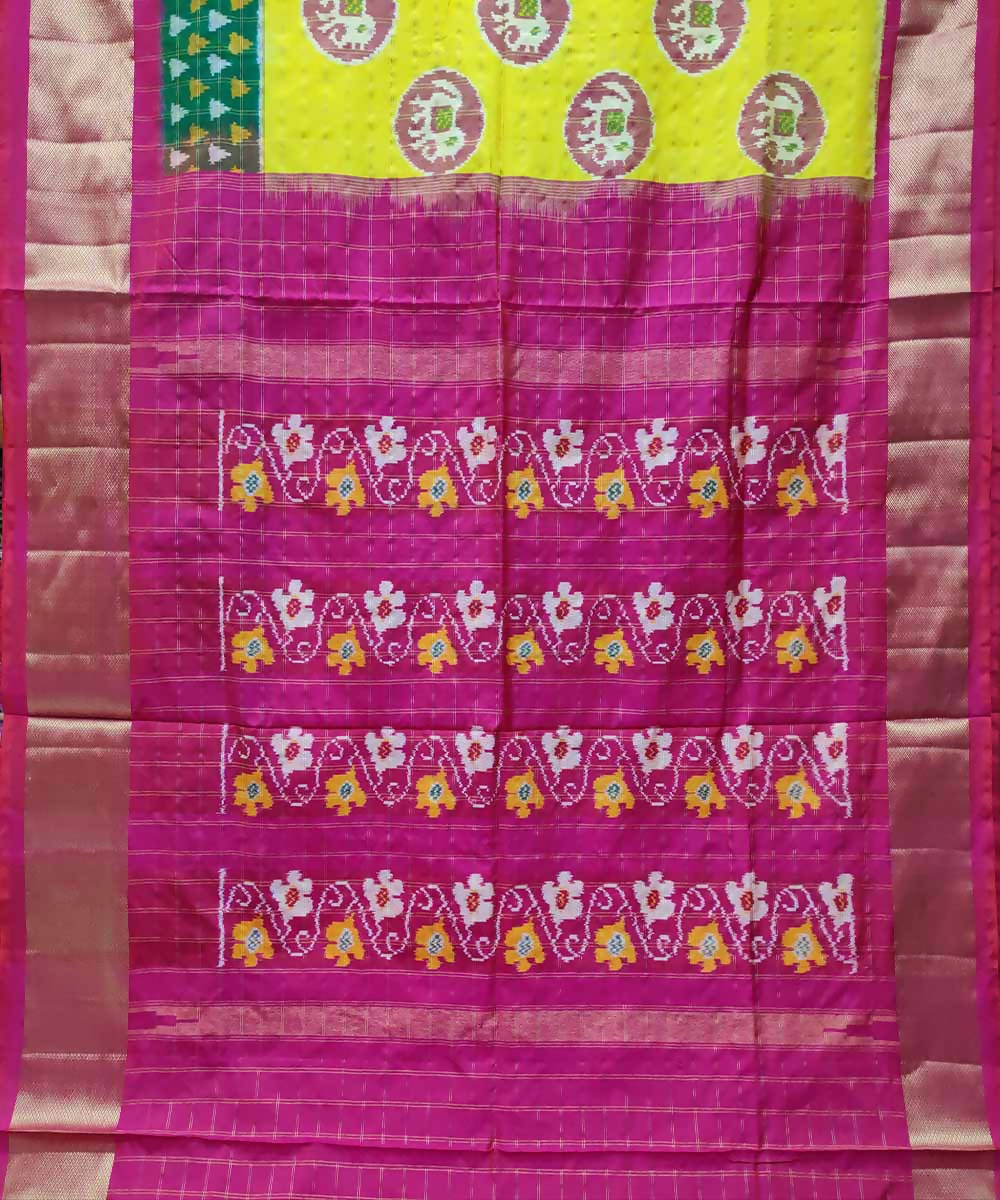 Bitter lime yellow pink handloom silk pochampally ikat saree