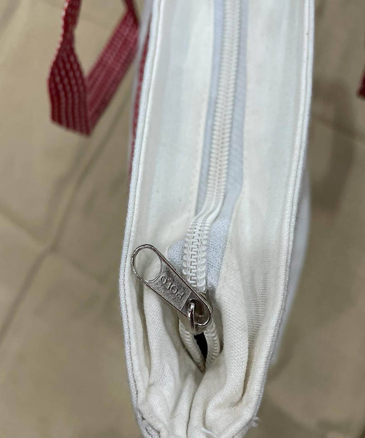 Bird motif offwhite red handwoven cotton handbag