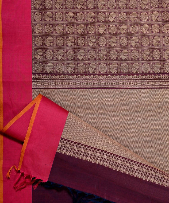 Wine brown handloom kanchi cotton saree jacquard mayil chakram body