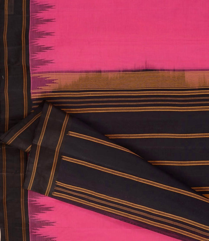 Pink kanchi cotton saree black silk korvai temple border