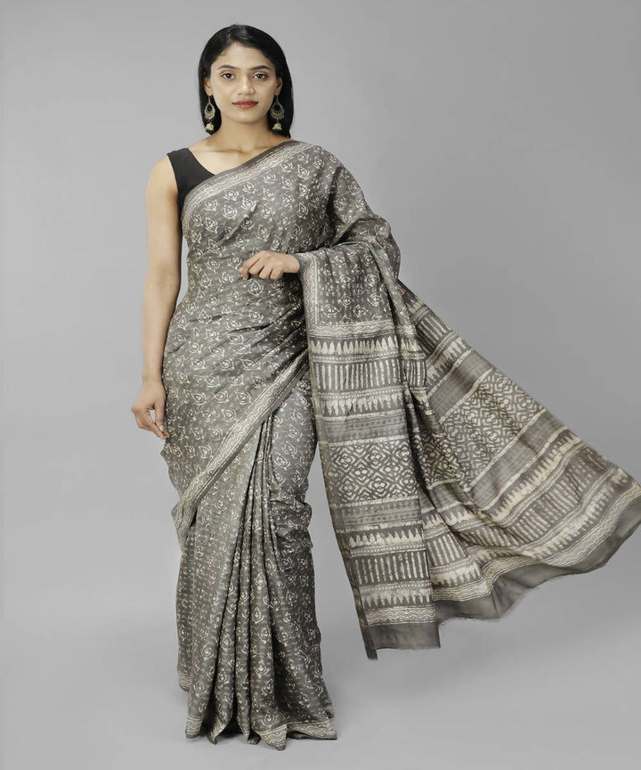 Grey bagru handblock printed tussar silk saree