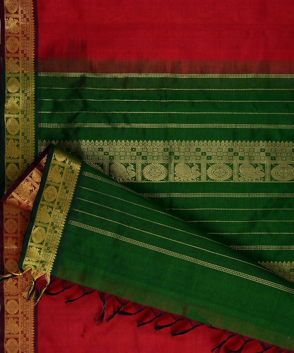 Red kanjivaram silk cotton saree with green border