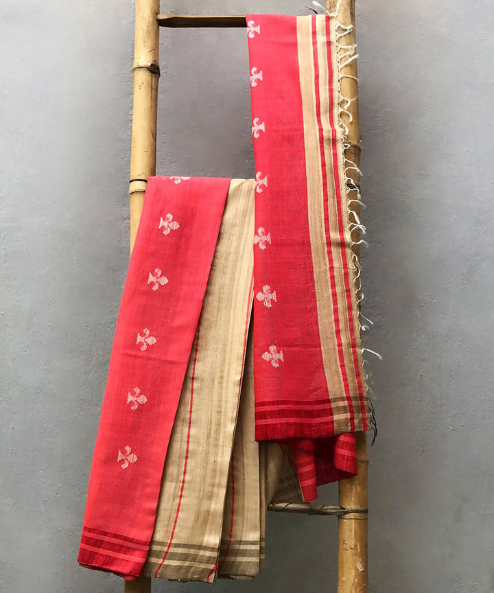 Red beige handwoven extra weft cotton silk saree