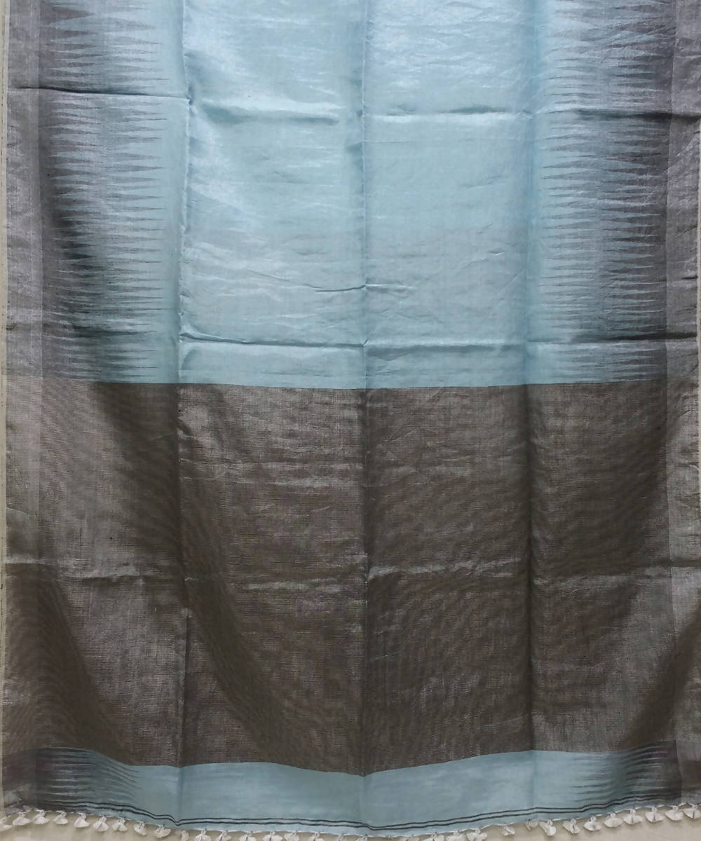 cadet blue and black handwoven Linen tissue Saree