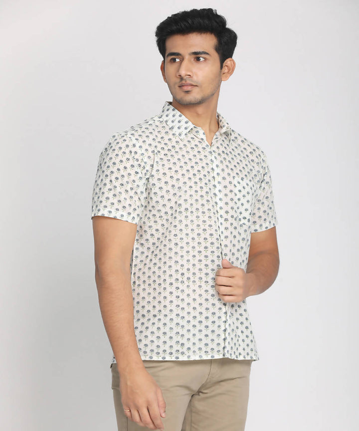 Handloom white cotton half sleeves printed shirt