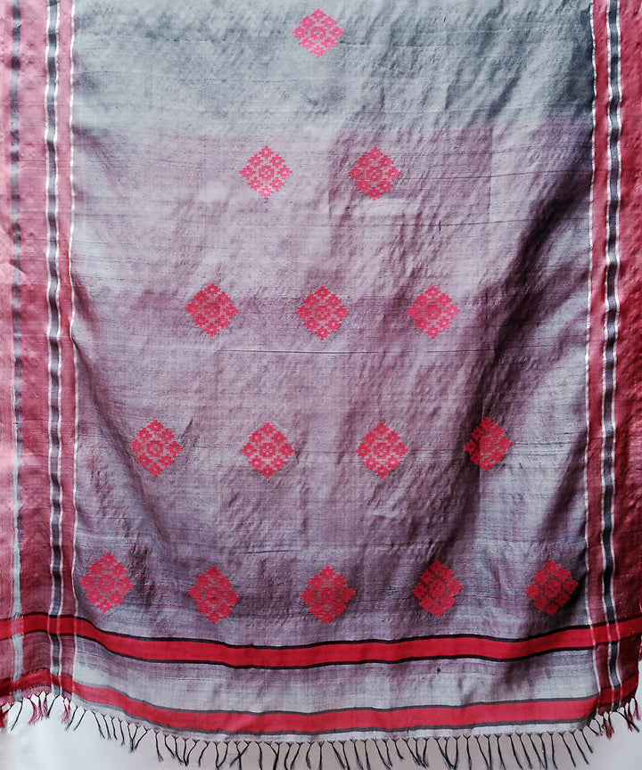 Grey red handwoven baavanbuti mulberry silk saree