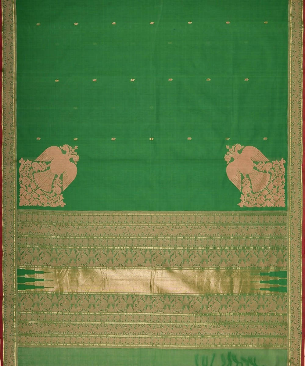 Dark green handloom kanchi cotton saree with gandaberunda corner motif