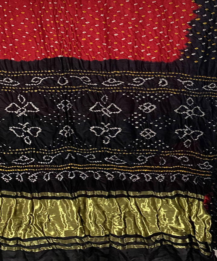 Black red hand printed bandhani gajji silk saree