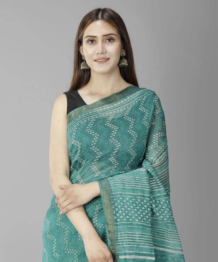 Teal green bagru handblock printed linen saree