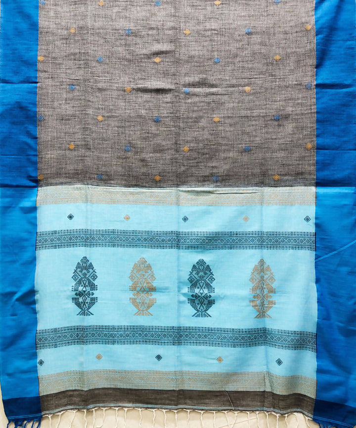 Grey navy blue handwoven cotton saree
