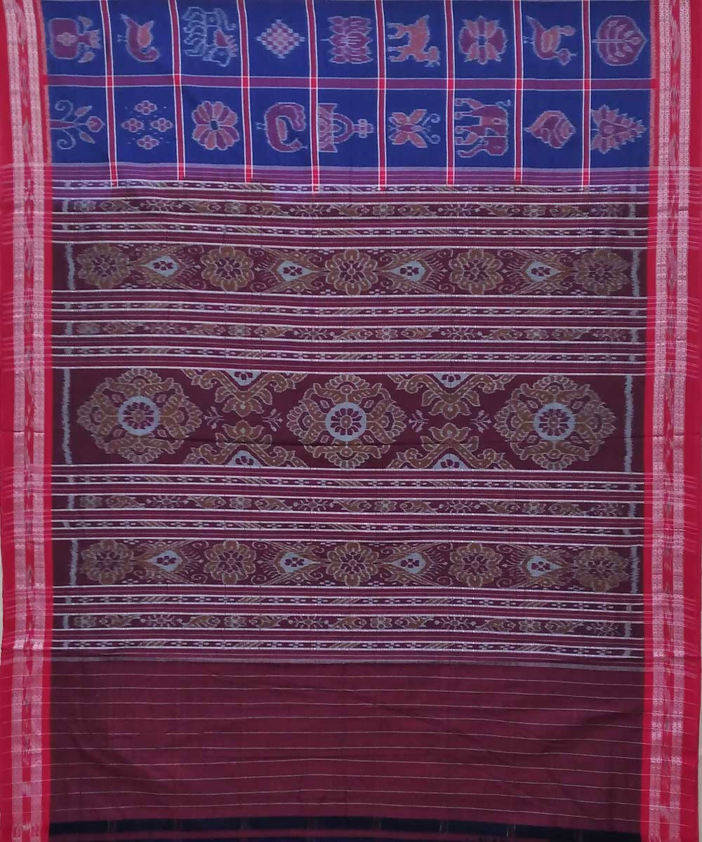Blue red handwoven nuapatana ikat cotton saree