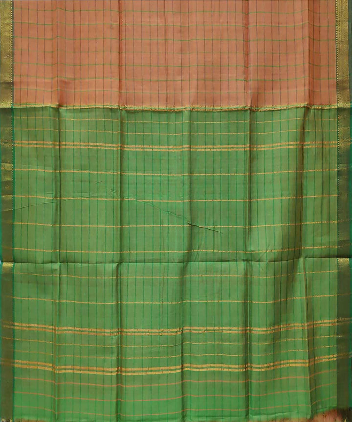 Light orange and green checks handloom cotton silk mangalagiri saree