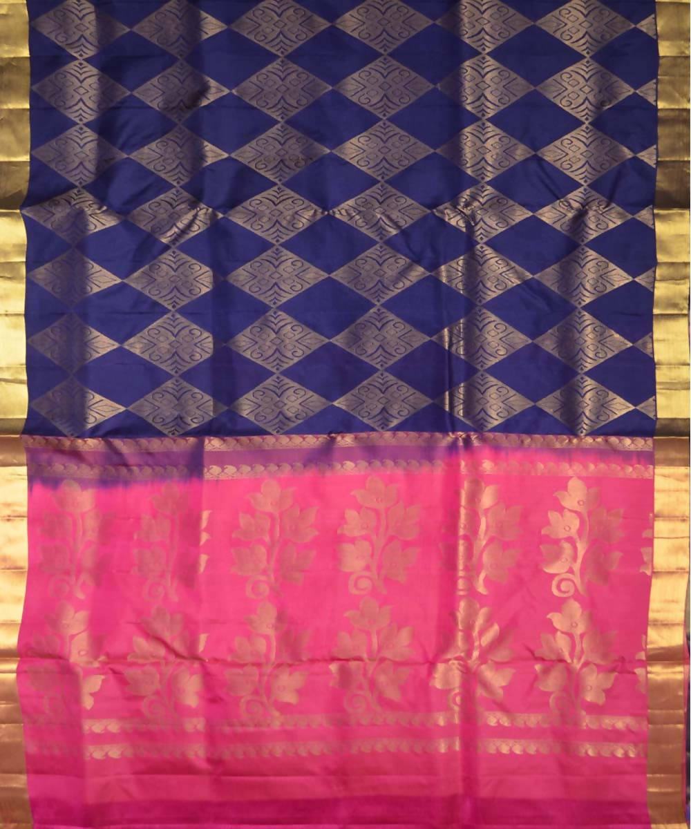 Navy Blue Pink Handloom Brocade Work Soft Silk Saree