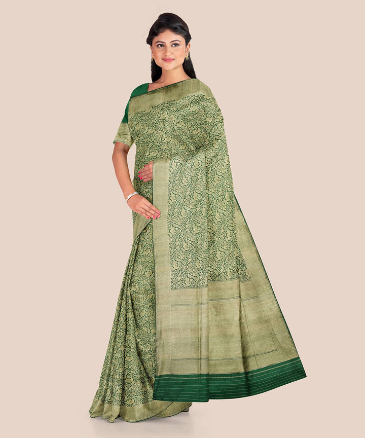 Bottle green beige handloom silk katan banarasi saree