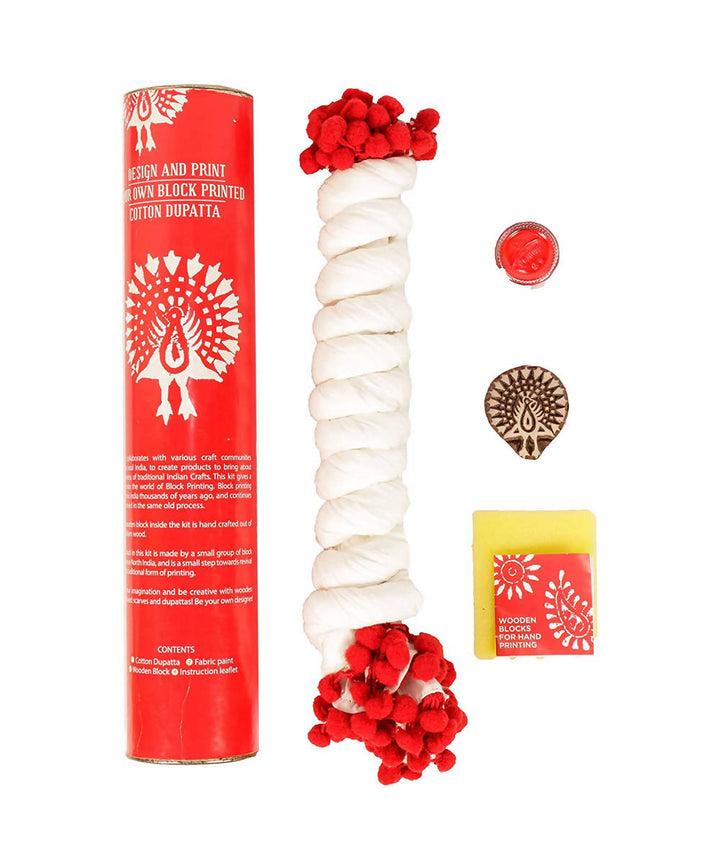 Handmade Wooden Peacock Block Print DIY Craft Kit Dupatta (Red)