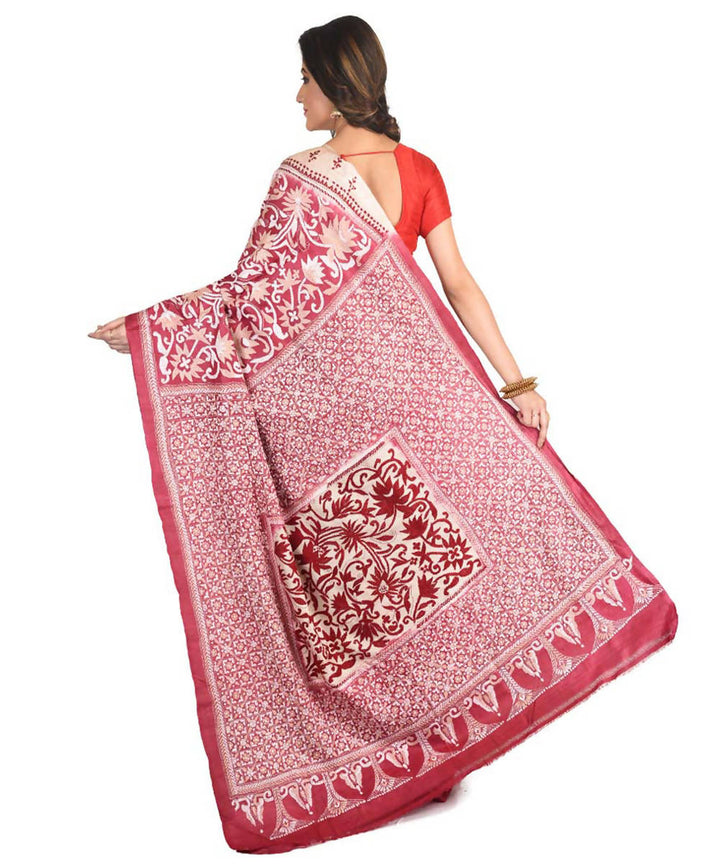 Maroon exclusive bengal tasar saree with hand embroidery work