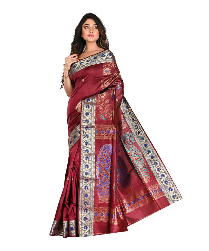 Bengal Handloom Burgundy Baluchari Silk Saree