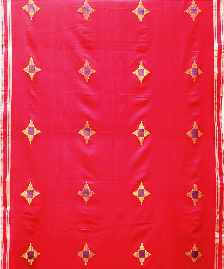 Red yellow handwoven extra weft cotton saree