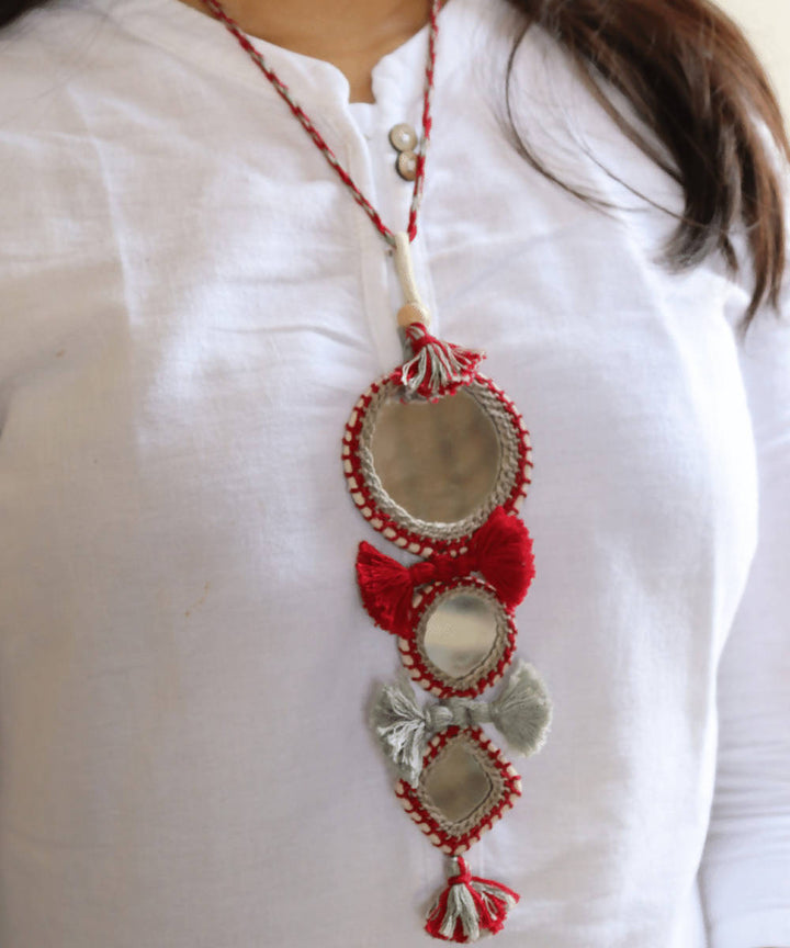 Maroon and grey handmade cotton and mirror necklace