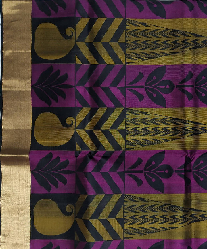Black with mustard and purple handloom soft silk saree