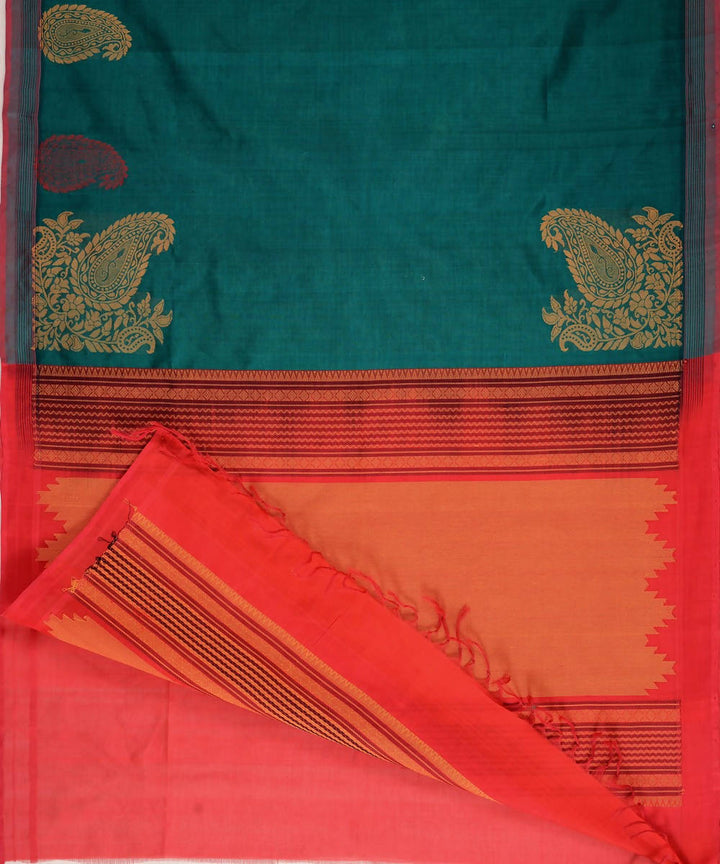 Bottle green Kanjivaram silk cotton thread work border motif saree