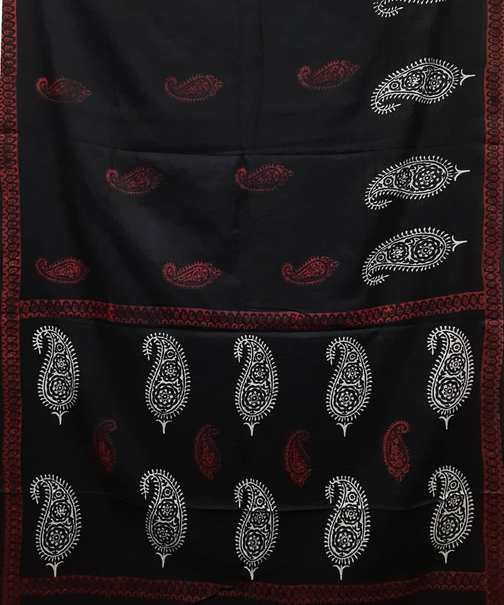 Black handblock printed paisley motif mul cotton saree