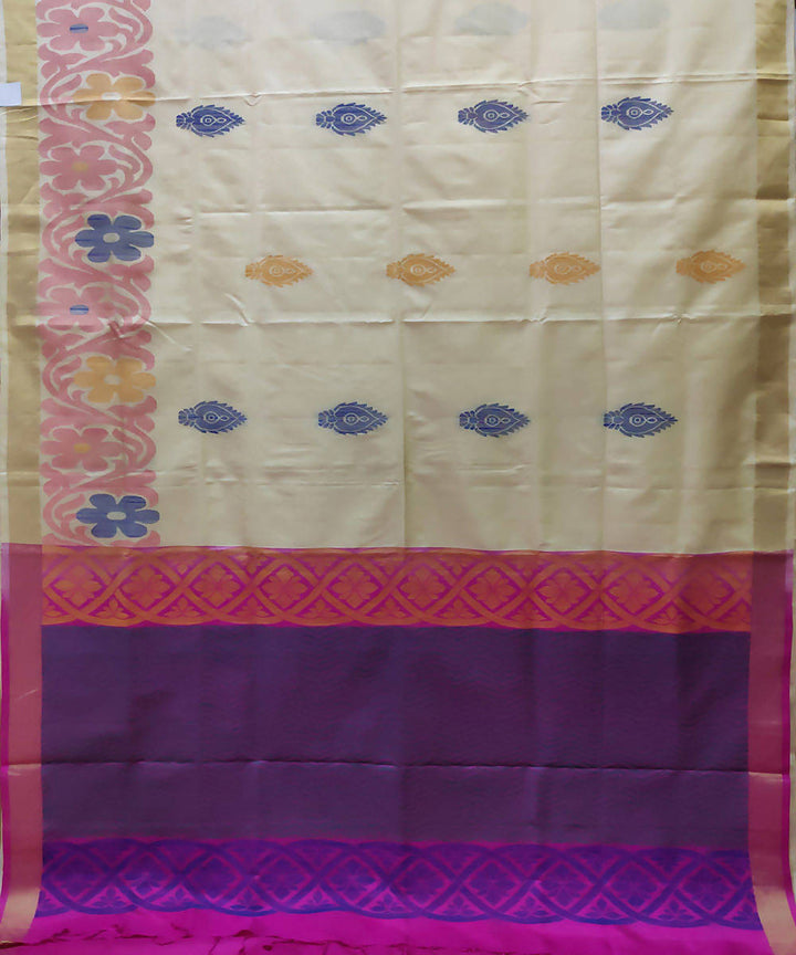 cream purple handwoven uppada silk saree with jamdani border