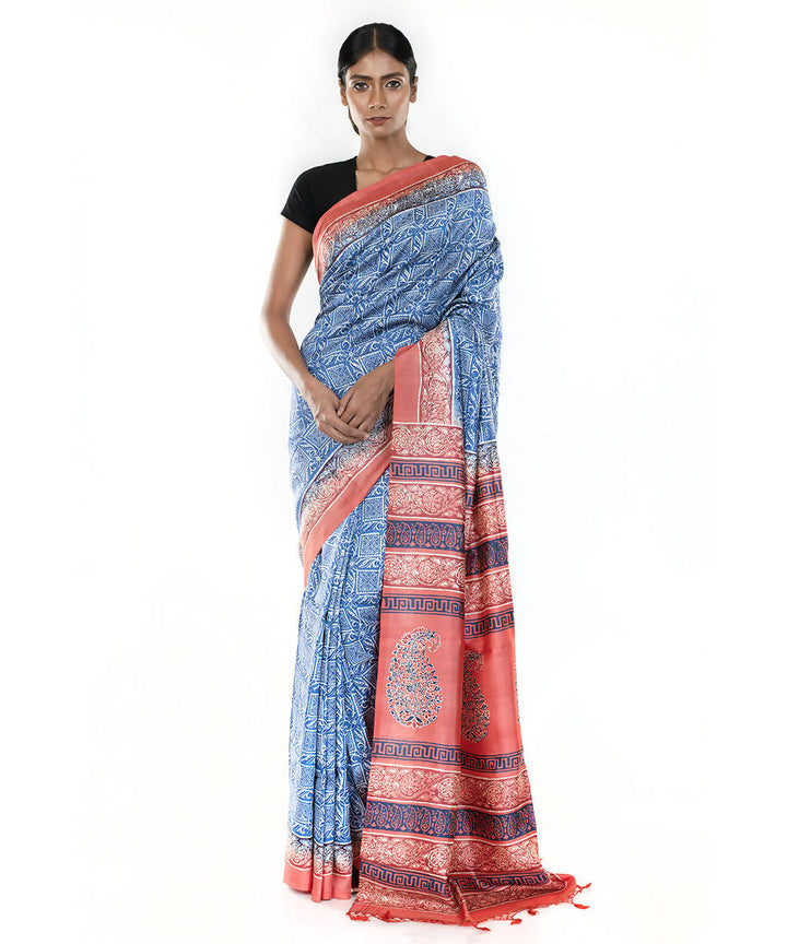 Blue peach hand block print bengal silk saree